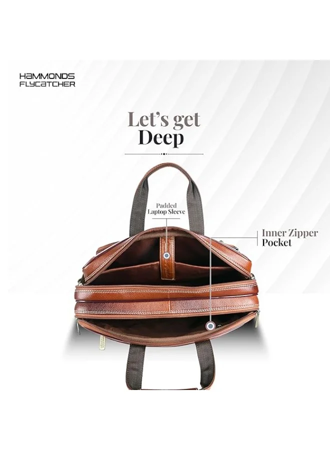Hammonds Flycatcher  Genuine Leather Office Bag for Man with Trolley Strap - Laptop Bag for Men with 15.6 Inch Laptop Compartment - Adjustable Strap-LB168 TAN  | Best Price UAE
